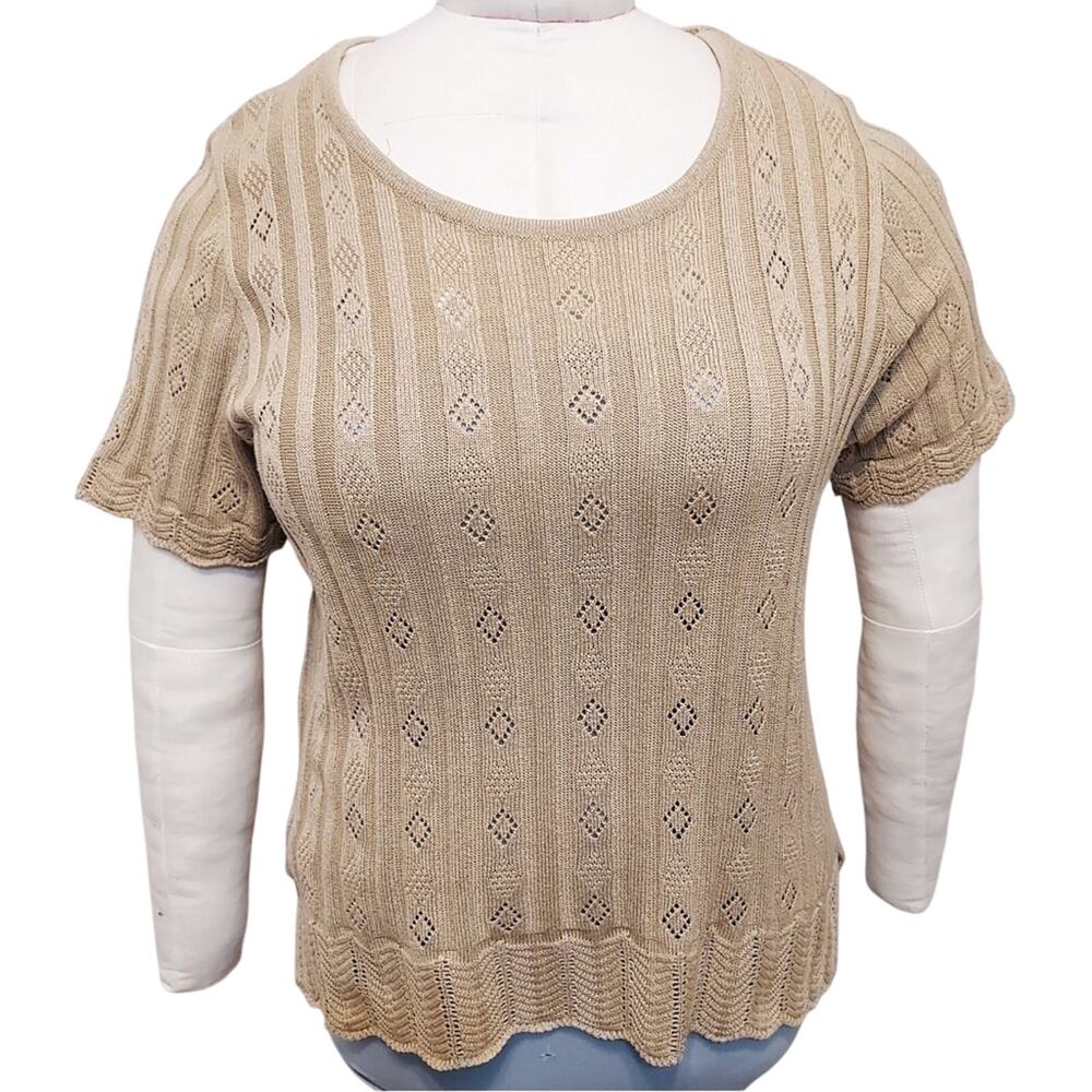Da-Rue California Neutral Tan Knit Scalloped Edge Short Sleeve T-shirt Top Large